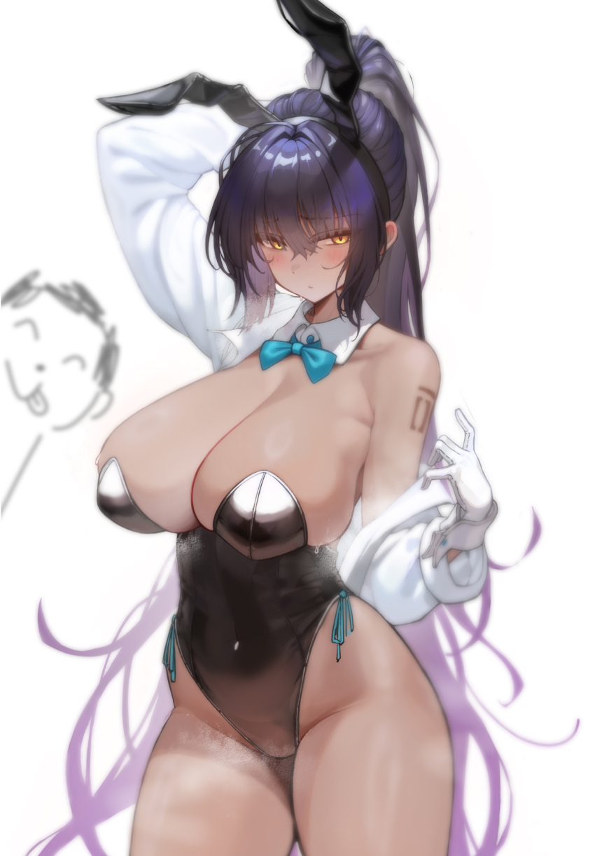 1girl 1other animal_ear_hairband animal_ears aqua_bow aqua_bowtie arm_up bare_legs black_hair black_leotard blue_archive blush bow bowtie breasts detached_collar doodle_sensei_(blue_archive) fake_animal_ears gloves gradient_hair groin hairband highleg highleg_leotard highres huge_breasts karin_(blue_archive) karin_(bunny)_(blue_archive) leotard long_hair looking_at_viewer multicolored_hair no_legwear official_alternate_costume open_clothes open_shirt playboy_bunny ponytail purple_hair rabbit_ear_hairband rabbit_ears sensei_(blue_archive) sesefadou_0v0 shirt simple_background steaming_body strapless strapless_leotard very_long_hair white_background white_gloves white_shirt