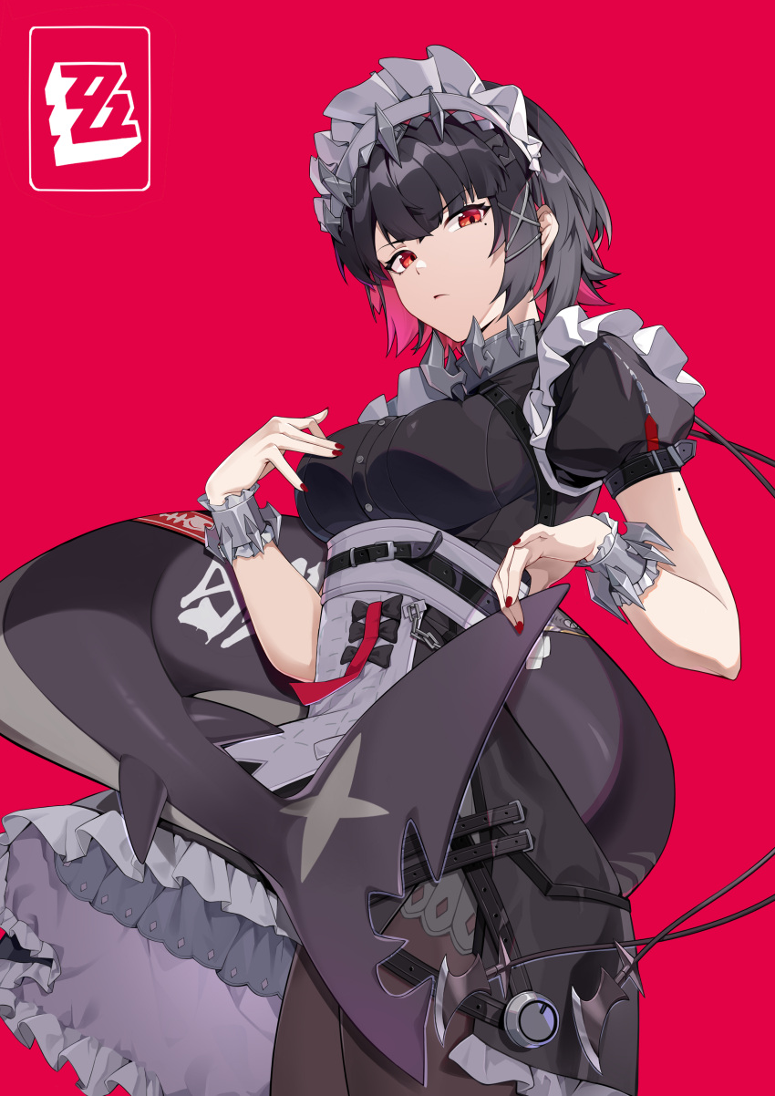 1girl absurdres black_dress black_hair breasts collar colored_inner_hair dress ellen_joe fins fish_tail highres holding_own_tail large_breasts liuleiwowotou looking_at_viewer maid_headdress medium_hair metal_collar mole mole_on_arm mole_under_eye multicolored_hair pantyhose puffy_short_sleeves puffy_sleeves red_eyes red_hair red_nails shark_tail short_sleeves simple_background solo standing tail v-shaped_eyebrows wrist_cuffs zenless_zone_zero