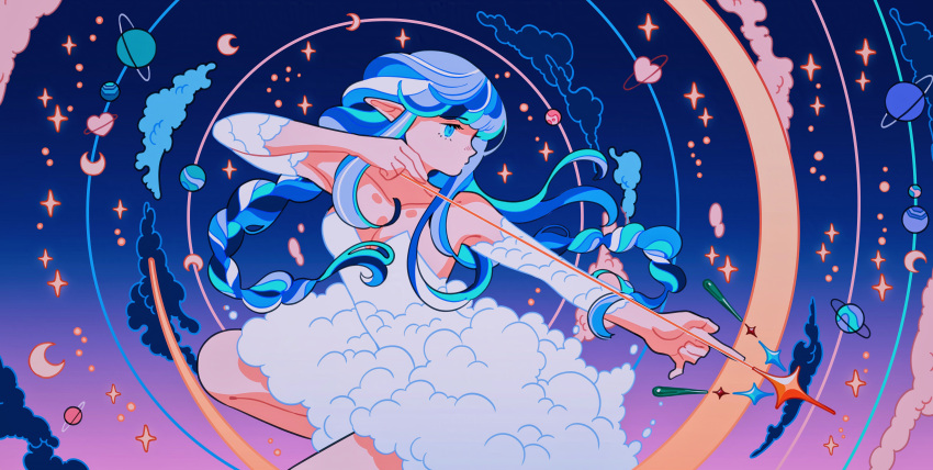 1girl absurdres archery blue_background blue_clouds blue_eyes blue_hair braid cloud cloud_print dress gradient_background highres in_orbit meyoco night night_sky original pink_clouds planet pointy_ears sky star_(sky) twin_braids white_dress