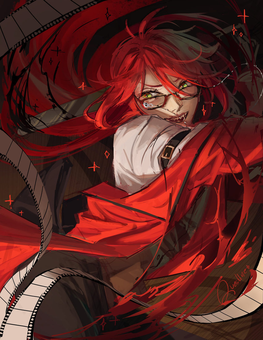 1boy absurdres androgynous arm_belt artist_name black_vest brown_background brown_pants buttons evil_smile film_strip glasses grell_sutcliff highres jacket kuroshitsuji long_hair looking_at_viewer male_focus open_mouth pants questtneo red-framed_eyewear red_hair red_jacket sharp_teeth shirt signature smile solo sparkle teeth vest white_shirt yellow_eyes