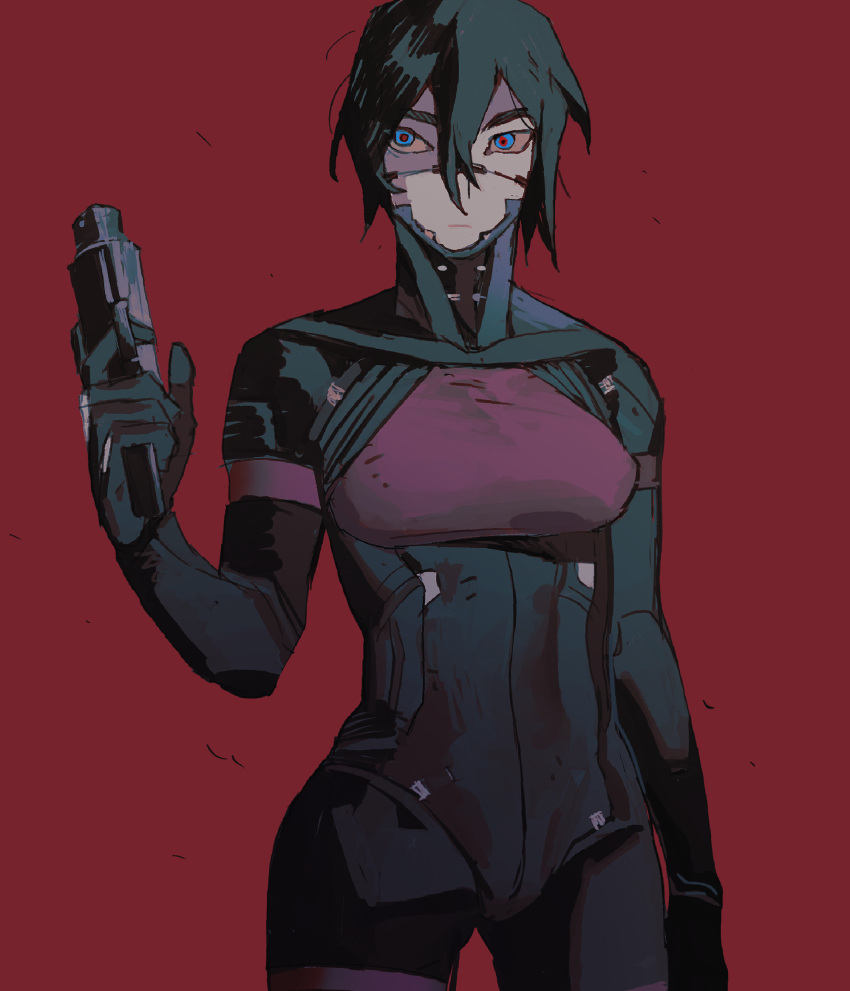 1girl black_hair blue_eyes closed_mouth cowboy_shot cyborg elster_(signalis) gun hair_between_eyes hand_up hashtag-only_commentary highres holding holding_gun holding_weapon looking_at_viewer multicolored_eyes red_background red_eyes short_hair signalis simple_background solo standing weapon yulei_yuuuuu