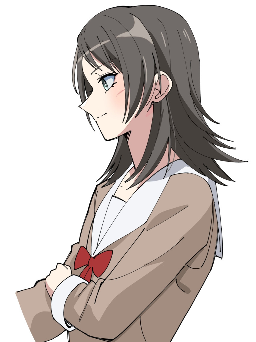 1girl bang_dream! bang_dream!_it's_mygo!!!!! black_hair blue_eyes blush bow bowtie bright_pupils brown_dress closed_mouth commentary_request dress from_side hanasakigawa_school_uniform highres long_sleeves medium_hair nanami_(nunnun_0410) profile red_bow red_bowtie sailor_collar school_uniform simple_background smile solo upper_body white_background white_pupils white_sailor_collar yahata_umiri
