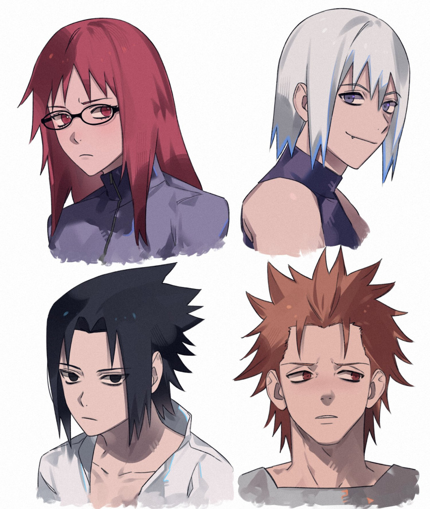 1girl 3boys bare_shoulders black_eyes black_hair brown_eyes brown_hair closed_mouth fang fang_out frown glasses grey_eyes grey_jacket grey_shirt hair_between_eyes hair_slicked_back highres hoozuki_suigetsu itachi3413 jacket juugo_(naruto) karin_(naruto) long_hair looking_at_viewer multiple_boys naruto_(series) naruto_shippuuden parted_bangs parted_lips portrait red_eyes red_hair shark_boy shirt short_hair sleeveless sleeveless_turtleneck smile turtleneck uchiha_sasuke upper_body white_background white_hair white_shirt