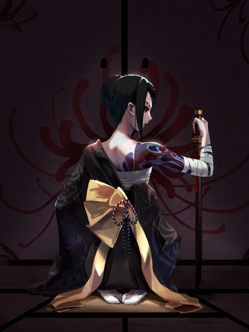 1girl arm_tattoo back_tattoo bandaged_arm bandages black_hair black_kimono black_sclera blood blood_on_bandages blood_on_body blood_on_clothes chest_sarashi colored_sclera cushion expressionless floral_print from_behind full_body hadanugi_dousa hair_bun highres holding holding_sword holding_weapon identity_v japanese_clothes katana kimono lipstick long_sleeves looking_back makeup michiko_(blood_fan)_(identity_v) michiko_(identity_v) obi planted planted_sword profile red_eyes red_lips sarashi sash seiza sheath sheathed sidelocks sideways_glance single_hair_bun sitting sliding_doors socks solo spider_lily_print sword tabi tatami tattoo weapon white_socks yakuza yellow_sash zabuton zhangyu_zi