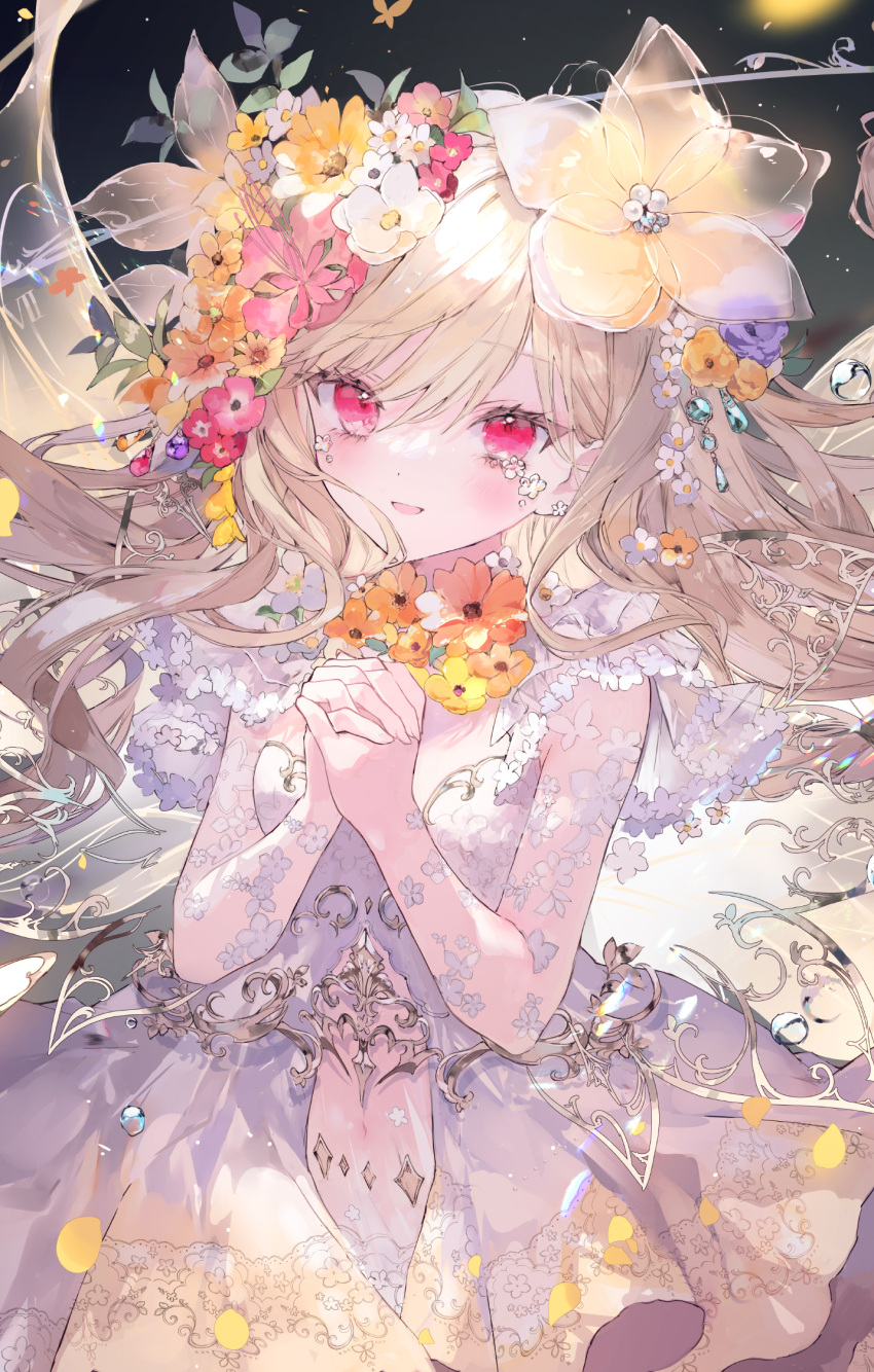 1girl :d blonde_hair breasts commentary dress flower hair_between_eyes hair_flower hair_ornament highres interlocked_fingers long_hair looking_at_viewer onineko orange_flower original own_hands_clasped own_hands_together pleated_dress red_eyes red_flower small_breasts smile solo very_long_hair white_dress white_flower yellow_flower