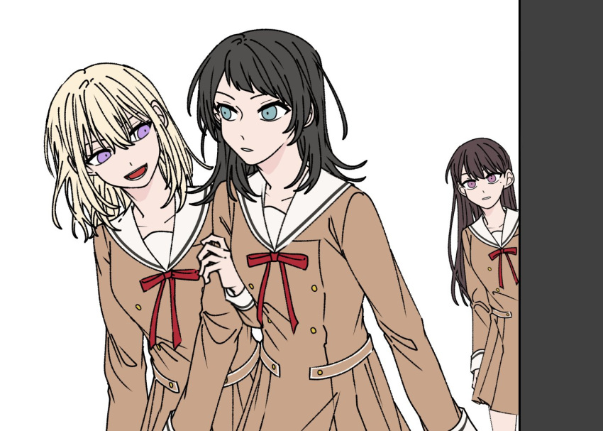 3girls a_jak bang_dream! bang_dream!_it's_mygo!!!!! black_hair blonde_hair brown_dress brown_hair dress hanasakigawa_school_uniform locked_arms long_sleeves misumi_uika mole mole_under_eye multiple_girls neck_ribbon open_mouth parted_lips purple_eyes red_ribbon ribbon school_uniform shiina_taki simple_background smile white_background yahata_umiri