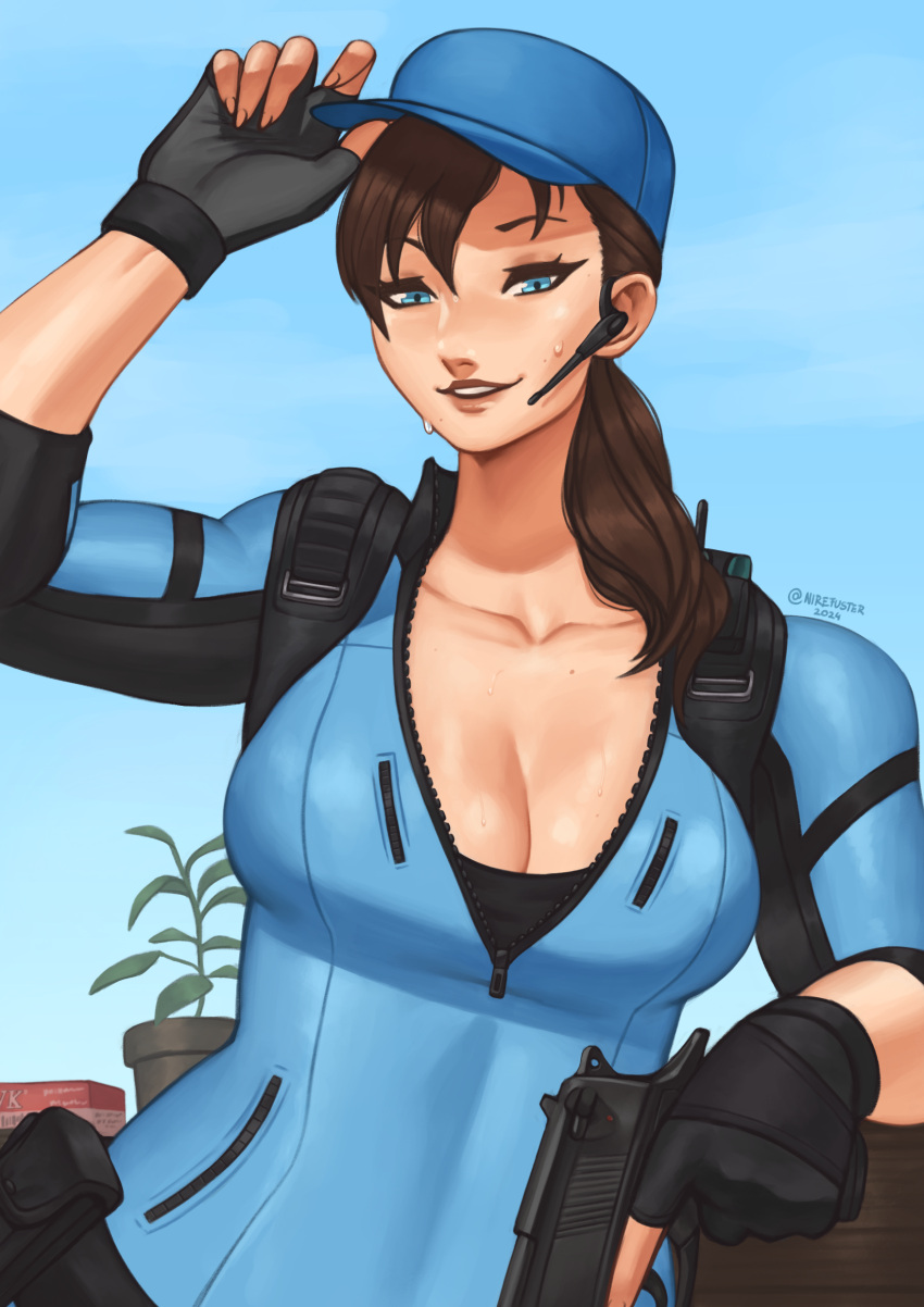 1girl absurdres backpack bag baseball_cap blue_bodysuit blue_eyes blue_sky bodysuit breasts brown_hair cleavage collarbone dated earpiece english_commentary eyelashes fingerless_gloves fingernails gloves gun hair_over_shoulder handgun hat highres jill_valentine large_breasts leaning_on_object lips mole mole_on_chest nire_(nirefuster) outdoors parted_lips plant ponytail potted_plant resident_evil resident_evil_(movie) signature sky smile solo sweat upper_body weapon