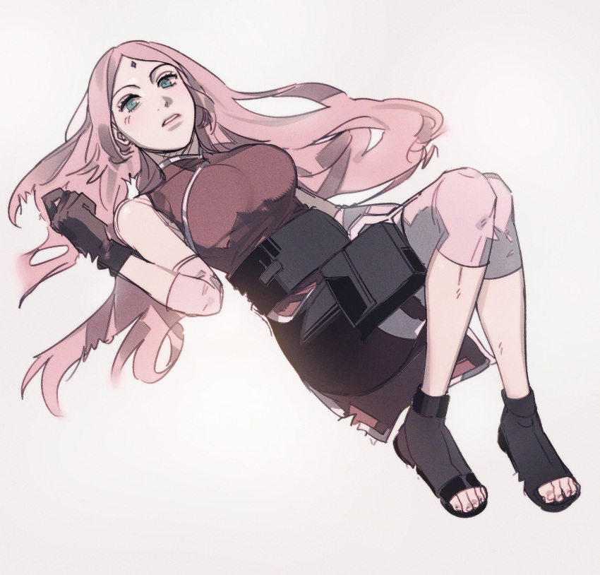 1girl black_footwear black_gloves black_shorts breasts elbow_sleeve facial_mark forehead_mark full_body gloves green_eyes haruno_sakura highres holster itachi3413 light_blush long_hair looking_at_viewer lying medium_breasts naruto_(series) on_back parted_bangs parted_lips pink_hair red_shirt shirt shorts sleeveless sleeveless_shirt solo thigh_holster toeless_footwear