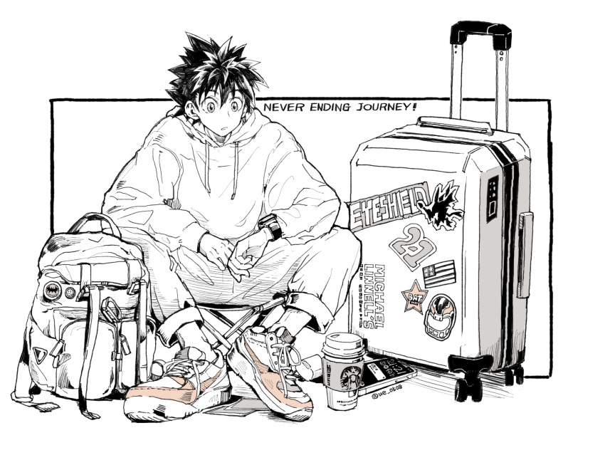 1boy backpack bag camping_chair copyright_name cup disposable_cup earbuds_charging_case english_text eyeshield_21 full_body greyscale highres hood hoodie kobayakawa_sena long_sleeves male_focus monochrome rolling_suitcase shoes short_hair sitting smartjoy sneakers solo spiked_hair spot_color starbucks sticker suitcase ueda-pix watch wristwatch
