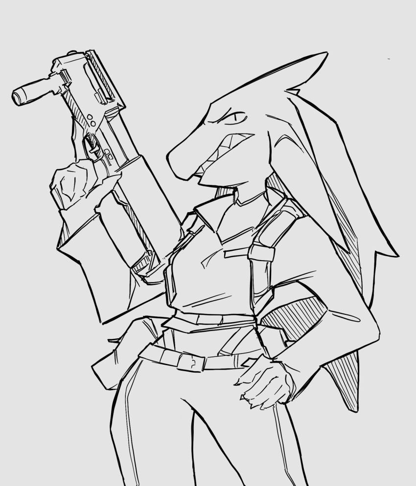 anthro belt biped bottomwear clothing crop_top female fish gun hand_on_hip head_tail hi_res holding_gun holding_object holding_ranged_weapon holding_rifle holding_weapon ksg looking_annoyed looking_at_viewer marine midriff painedpinata pants pouch_(clothing) ranged_weapon shark sharp_teeth shirt solo straps teeth topwear weapon