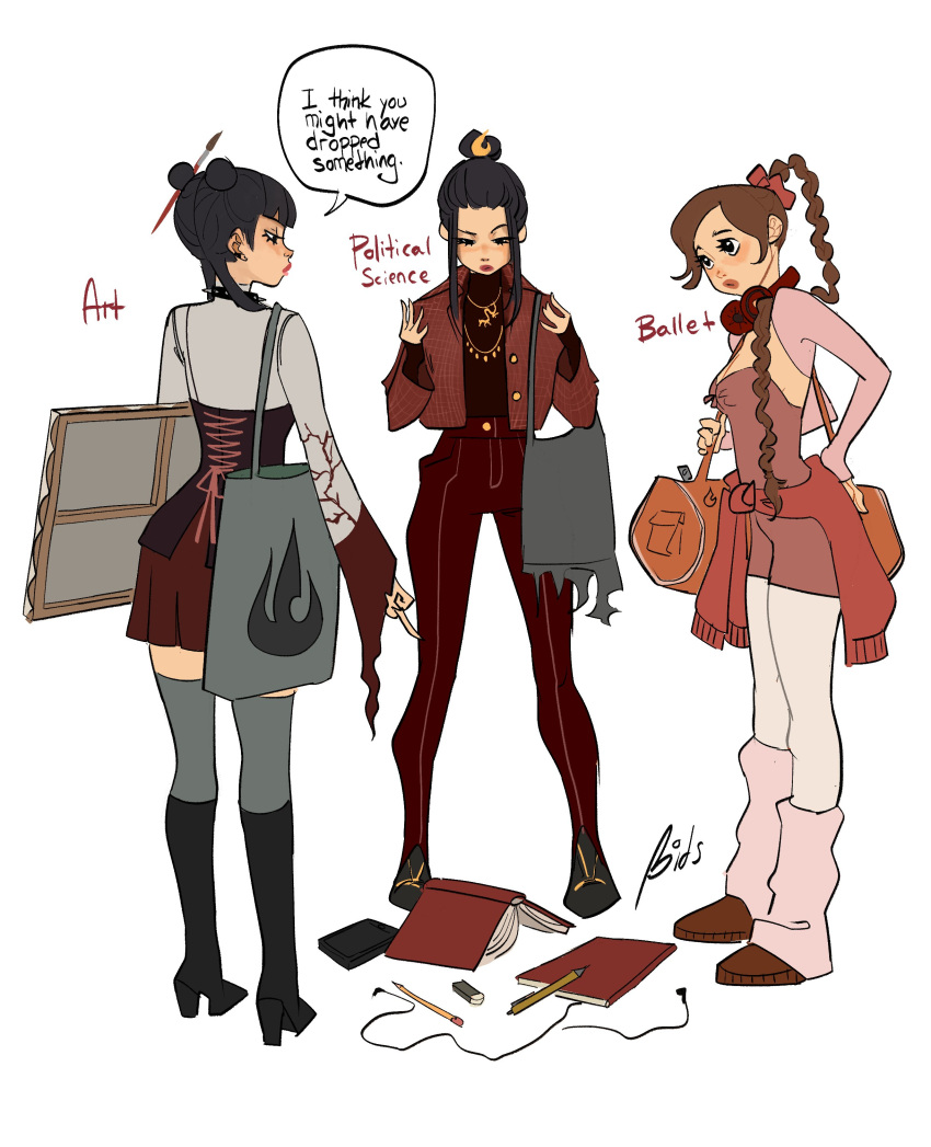 3girls absurdres alternate_costume alternate_universe avatar:_the_last_airbender avatar_legends azula bag bitsbytits black_collar black_eyes black_footwear black_hair blush bodysuit book boots braid braided_ponytail brown_hair clothes_around_waist collar detached_sleeves double_bun dress_pants duffel_bag earbuds earphones english_text eraser fashion from_behind full_body grey_bag grey_thighhighs hair_bun hair_ornament hands_up headphones headphones_around_neck high_heel_boots high_heels highres holding_painting jacket jacket_around_waist knee_boots long_hair long_sleeves looking_at_another loose_socks mai_(avatar) medium_hair miniskirt multiple_girls orange_bag paintbrush paintbrush_hair_ornament painting_(object) panties pen pink_bodysuit pink_sleeves pink_socks pleated_skirt pointy_ears red_bodice red_jacket red_lips red_panties red_shirt red_skirt shirt shirt_tucked_in shoes sidelocks simple_background single_hair_bun skirt socks speech_bubble spiked_collar spikes standing talking thighhighs tote_bag turtleneck turtleneck_shirt ty_lee underwear unitard white_background white_shirt white_thighhighs wide_sleeves