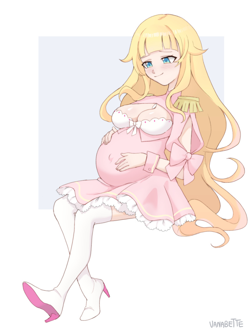 1girl absurdres beelzebub-jou_no_okinimesu_mama. beelzebub_(beelzebub-jou) big_belly blonde_hair blue_eyes boots breasts cleavage cleavage_cutout closed_mouth clothing_cutout dress frilled_dress frills full_body hands_on_own_stomach high_heels highres large_breasts light_blush long_hair looking_down pink_dress pink_wrist_cuffs pregnant signature simple_background sitting smile solo stiletto_heels thigh_boots vanabette very_long_hair wrist_cuffs