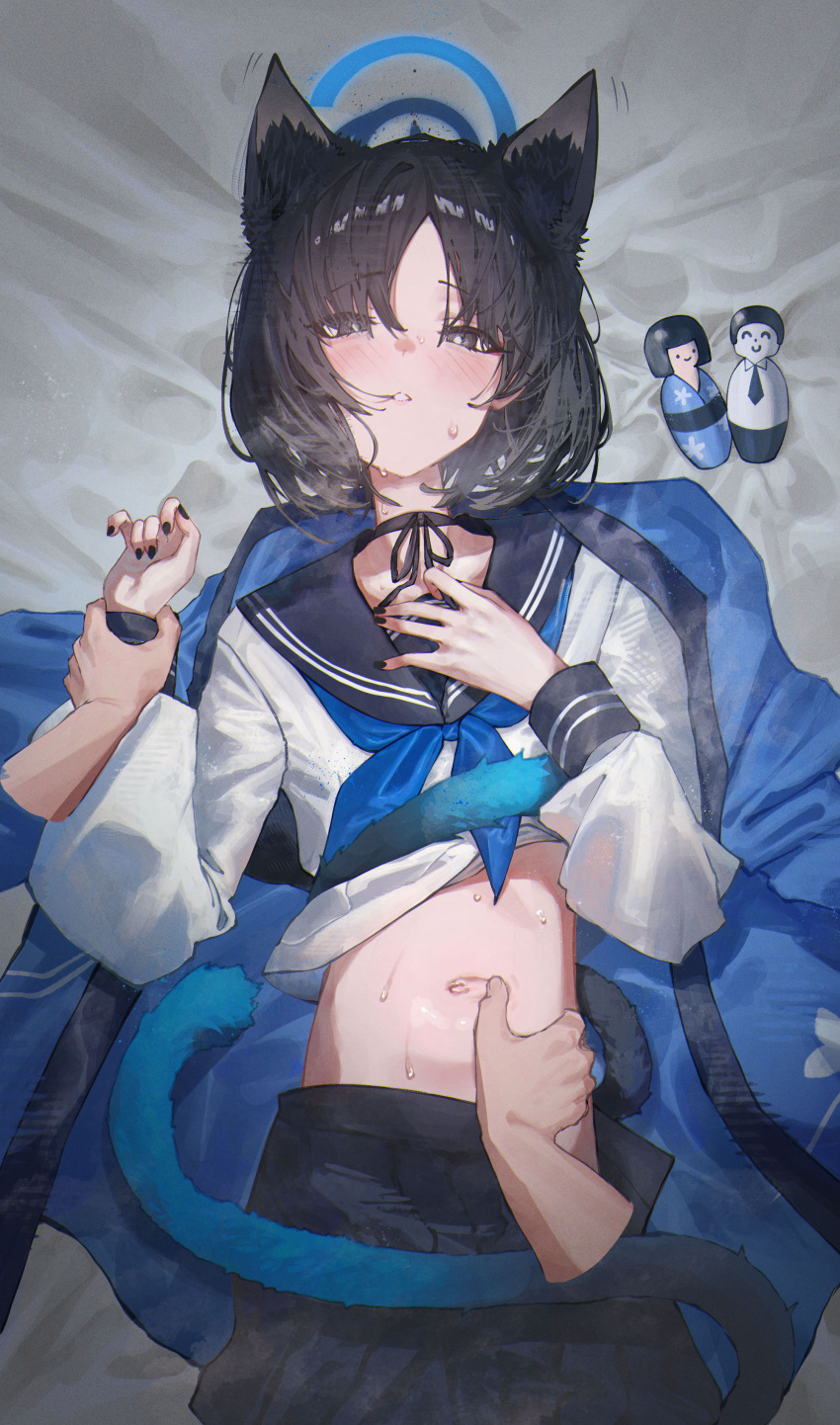 1boy 1girl absurdres animal_ears bed_sheet betabeet black_hair blue_archive blue_neckerchief blush bright_pupils cat_ears cat_tail clothes_lift commentary disembodied_limb doodle_sensei_(blue_archive) fingernails halo haori hetero highres holding_another's_wrist japanese_clothes kikyou_(blue_archive) long_sleeves looking_at_viewer lying nail_polish neck_ribbon neckerchief on_back open_clothes open_skirt pov pov_hands ribbon school_uniform sensei_(blue_archive) serafuku shirt_lift short_hair skirt spread_navel sweat tail white_pupils