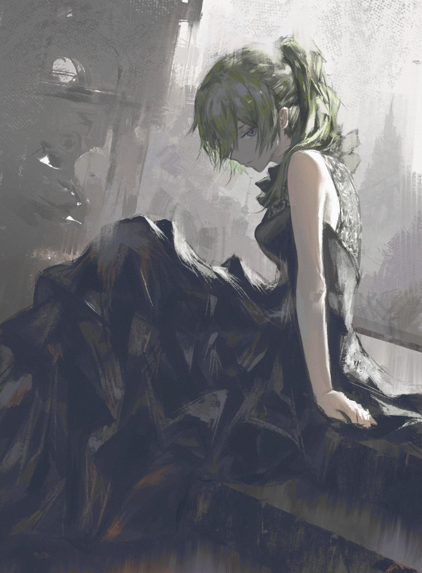 1girl absurdres arm_support bare_shoulders black_dress closed_mouth dress from_side green_hair high_ponytail highres lace long_hair looking_at_viewer purple_eyes shiej007 side_ponytail sidelocks sitting solo sousou_no_frieren ubel_(sousou_no_frieren)