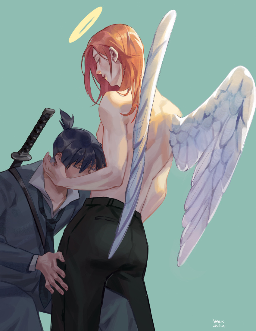 2boys absurdres androgynous angel angel_devil_(chainsaw_man) angel_wings aqua_background artist_name black_hair black_necktie black_pants chainsaw_man closed_eyes collared_shirt dated feathered_wings grey_jacket hair_between_eyes halo hand_on_another's_neck hand_on_another's_thigh hayakawa_aki highres jacket katana long_hair male_focus multiple_boys necktie orange_hair pants shirt short_hair sitting suit_jacket sword topknot topless_male weapon weapon_on_back white_shirt white_wings wings yaoi yukinnn