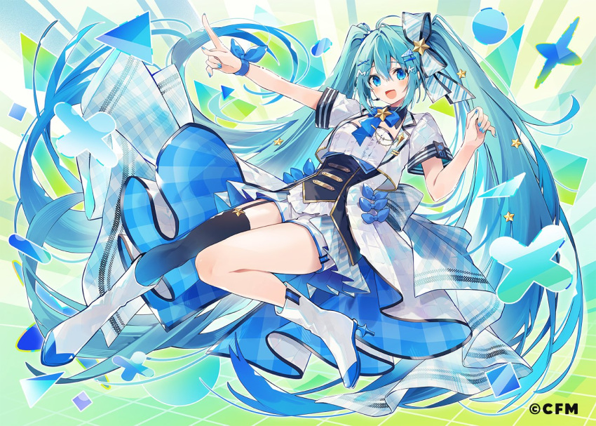 1girl :d aqua_bow aqua_eyes aqua_hair aqua_nails asymmetrical_legwear boots bow commentary_request crypton_future_media full_body hair_between_eyes hair_bow hair_ornament hairclip hatsune_miku high_heels index_finger_raised knee_boots long_hair looking_at_viewer nail_polish official_art open_mouth oshio_(dayo) short_sleeves smile solo star_(symbol) striped_bow thighhighs twintails very_long_hair vocaloid white_footwear