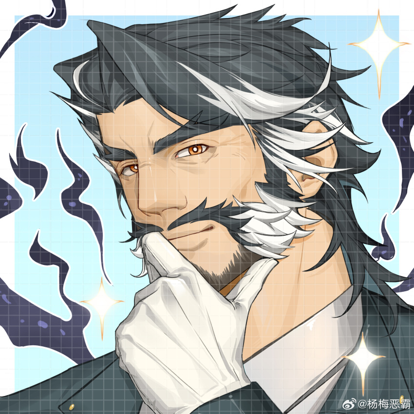 1boy absurdres bara beard daikoku_(housamo) facial_hair full_beard gloves highres looking_at_viewer male_focus mature_male multicolored_hair portrait short_hair solo streaked_hair thick_beard thick_eyebrows tokyo_afterschool_summoners tsurime umbrakinesis wrinkled_skin yang_mei_e_ba