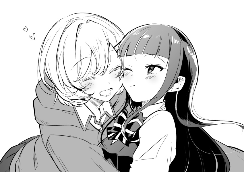 2girls blunt_bangs blush bow bowtie closed_eyes commentary_request greyscale hair_ornament hairclip heart highres hood hood_down hoodie hug long_hair lower_teeth_only monochrome multiple_girls one_eye_closed open_mouth pleated_skirt sasayaku_you_ni_koi_wo_utau school_uniform short_hair sidelocks simple_background skirt striped_bow striped_bowtie striped_clothes tachibana_kaori_(sasakoi) teeth tsutsui_mari_(sasakoi) white_background yuama_(drop) yuri