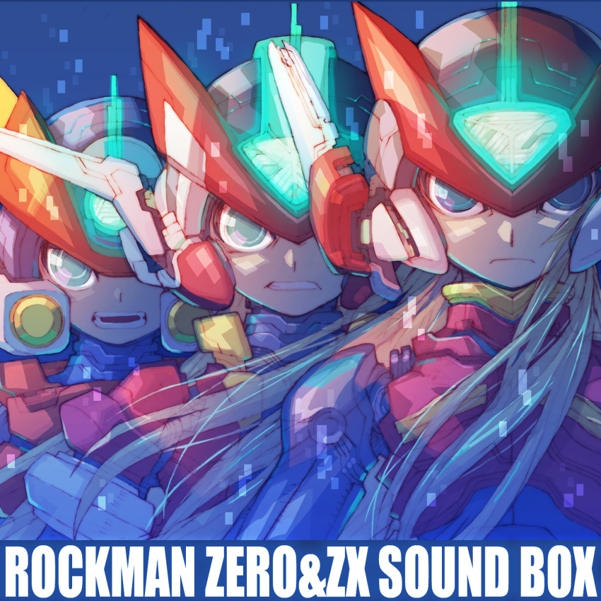 3boys android armor black_eyes blonde_hair copyright_name forehead_jewel glowing green_eyes grey_(mega_man) highres in-franchise_crossover long_hair male_focus mega_man_(series) mega_man_zero_(series) mega_man_zx mega_man_zx_advent model_a_(mega_man) model_zx_(mega_man) multiple_boys nakayama_tooru official_art parted_lips power_armor red_armor red_helmet serious upper_body vent_(mega_man) zero(z)_(mega_man) zero_(mega_man)