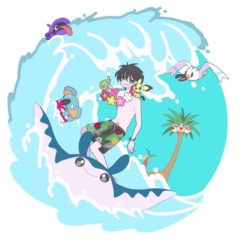 1boy alolan_exeggutor black_hair bracelet comfey commentary_request crossover flower full_body green_eyes hair_between_eyes highres jewelry king_of_prism komala kougami_taiga looking_at_viewer male_focus male_swimwear mantine nyaasechan open_mouth outdoors pectorals pichu pokemon pokemon_(creature) pretty_rhythm pretty_series riding riding_pokemon shellder short_hair sky smile standing surfing swim_trunks waves wingull