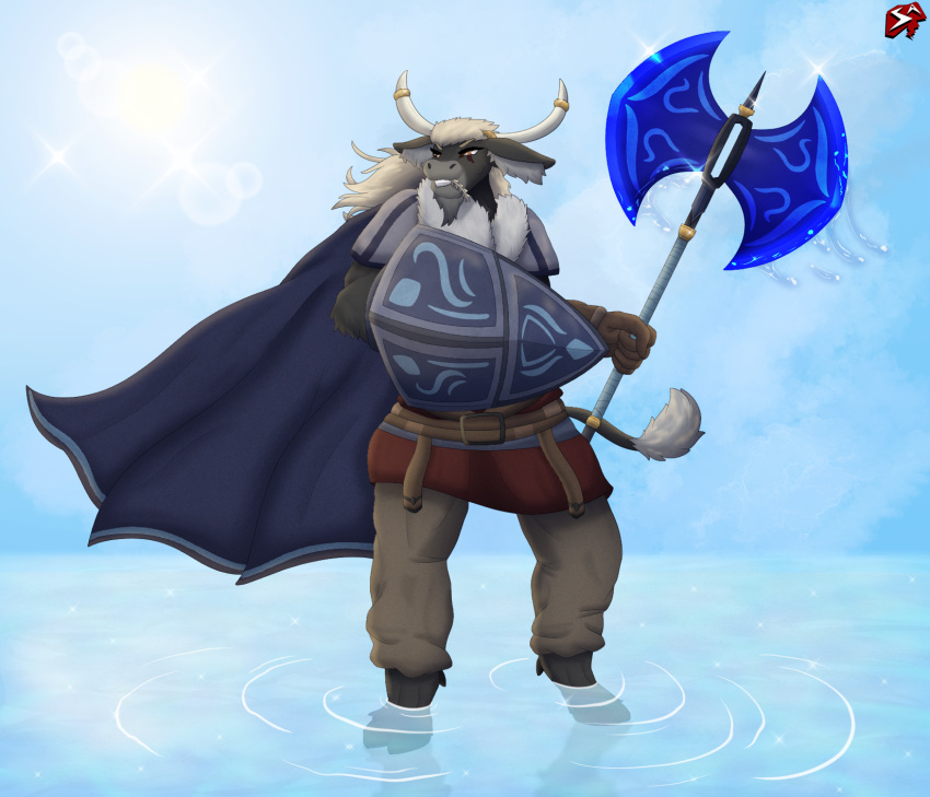 anthro armor axe barefoot beard belt belt_buckle blonde_hair blue_sky bottomwear bovid bovine brown_bottomwear brown_clothing brown_pants cape clothing cloud countershade_face countershading eye_scar facial_hair facial_scar feet fur gauntlets gloves grey_body grey_fur hair handwear hi_res holding_axe holding_object holding_shield holding_weapon hooves horn horn_jewelry horn_ring inner_ear_fluff jewelry light long_hair male mammal mature_male orange_eyes pants partially_submerged red_clothing ring_(jewelry) scar shield shoulder_pads sky skyscape smile solo story story_in_description stylish_apollo sun sunlight tail true_buffalo tuft water water_buffalo weapon wheat wheat_in_mouth xander_dorwin