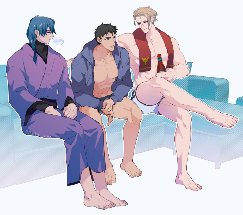 3boys absurdres ao_isami bara bare_pectorals black_hair blonde_hair character_request facial_hair highres humanization large_pectorals legs_together lewis_smith llld_(2ldk1241) looking_ahead male_focus multiple_boys muscular muscular_male pectorals short_hair shorts sideburns_stubble sitting stubble thick_eyebrows yaoi yuuki_bakuhatsu_bang_bravern