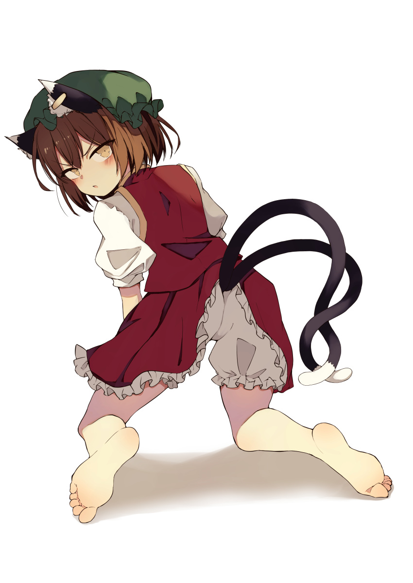 1girl :/ absurdres animal_ears ass barefoot brown_eyes brown_hair cat_ears cat_tail chen commentary_request dress earrings from_behind hat highres jewelry looking_at_viewer looking_back mob_cap multiple_tails nekomata red_dress red_skirt red_vest seika_okawari short_hair single_earring skirt skirt_set soles solo tail toes touhou two_tails v-shaped_eyebrows vest