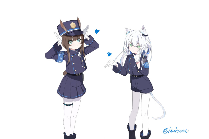 2girls amiya_(arknights) animal_ear_fluff animal_ears aqua_eyes arknights armband arms_up artist_name belt belt_buckle black_belt black_hat black_jacket black_shorts black_skirt blue_archive blue_armband brown_hair brown_tail buckle cat_ears cat_girl cat_tail closed_mouth commentary_request cosplay ears_through_headwear feet_out_of_frame gloves green_eyes hand_up hat heart highres hikari_(blue_archive) hikari_(blue_archive)_(cosplay) jacket long_hair long_sleeves looking_at_viewer mahame multiple_girls nozomi_(blue_archive) nozomi_(blue_archive)_(cosplay) pantyhose parted_lips peaked_cap pleated_skirt rabbit_ears rabbit_girl rabbit_tail rosmontis_(arknights) shorts simple_background skirt smile standing tail white_background white_gloves white_hair white_pantyhose white_tail