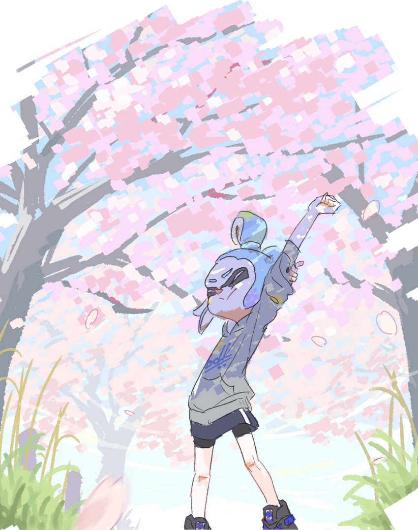 1girl arm_up black_footwear black_shorts blue_hair blue_skirt cherry_blossoms closed_eyes closed_mouth commentary_request falling_petals feet_out_of_frame garryaoki grass grey_hoodie hair_bun hand_on_own_arm highres hood hoodie inkling inkling_girl inkling_player_character official_style outdoors petals pink_petals print_hoodie shorts shorts_under_skirt skirt solo splatoon_(series) stretching tentacle_hair tree