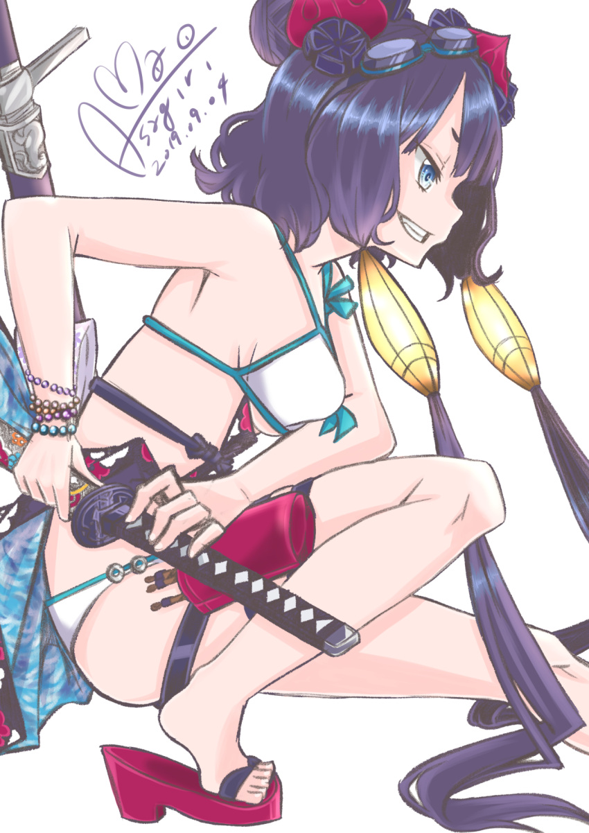 1girl asagirimao ass bare_shoulders bikini blue_eyes bracelet fate/grand_order fate_(series) goggles goggles_on_head grin hair_ornament highres jewelry katana katsushika_hokusai_(fate) katsushika_hokusai_(swimsuit_saber)_(fate) long_hair platform_footwear purple_hair sandals sheath sheathed smile solo squatting swim_goggles swimsuit sword tiptoes twintails very_long_hair weapon white_bikini