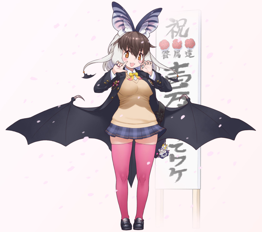 1girl animal_ears bat_ears bat_girl bat_wings bow bowtie brown_eyes brown_hair brown_long-eared_bat_(kemono_friends) cardigan extra_ears full_body grey_hair highres jacket kemono_friends kemono_friends_v_project long_hair looking_at_viewer official_art poporu_(kemono_friends) school_uniform shirt shoes simple_background skirt solo thighhighs translation_request virtual_youtuber wings yoshizaki_mine