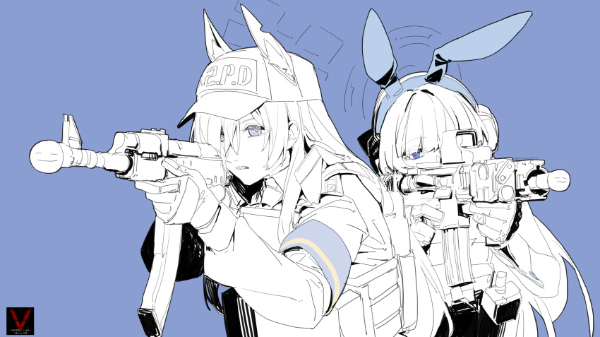 2girls absurdres aiming animal_ear_fluff animal_ear_hairband animal_ears armband asimo_(hakurei10201) assault_rifle blue_archive blue_armband blue_background blue_eyes blue_hairband bulletproof_vest clenched_teeth dog_ears ears_through_headwear extra_ears fake_animal_ears gloves gun hairband halo highres holding holding_gun holding_weapon kanna_(blue_archive) laser_sight long_hair multiple_girls notched_ear optical_sight partially_colored rabbit_ears rifle sharp_teeth teeth toki_(blue_archive) toki_(bunny)_(blue_archive) weapon