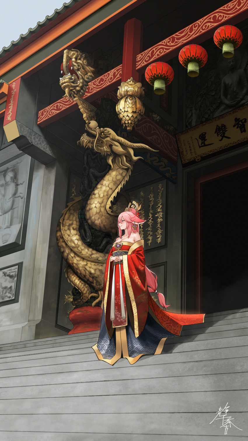 1girl absurdres architecture breasts cleavage clothing_request detached_sleeves dragon east_asian_architecture genshin_impact highres lantern long_hair low-tied_long_hair paper_lantern pink_hair scenery shizuko_hideyoshi smile solo stairs statue stone_stairs very_long_hair wide_sleeves yae_miko