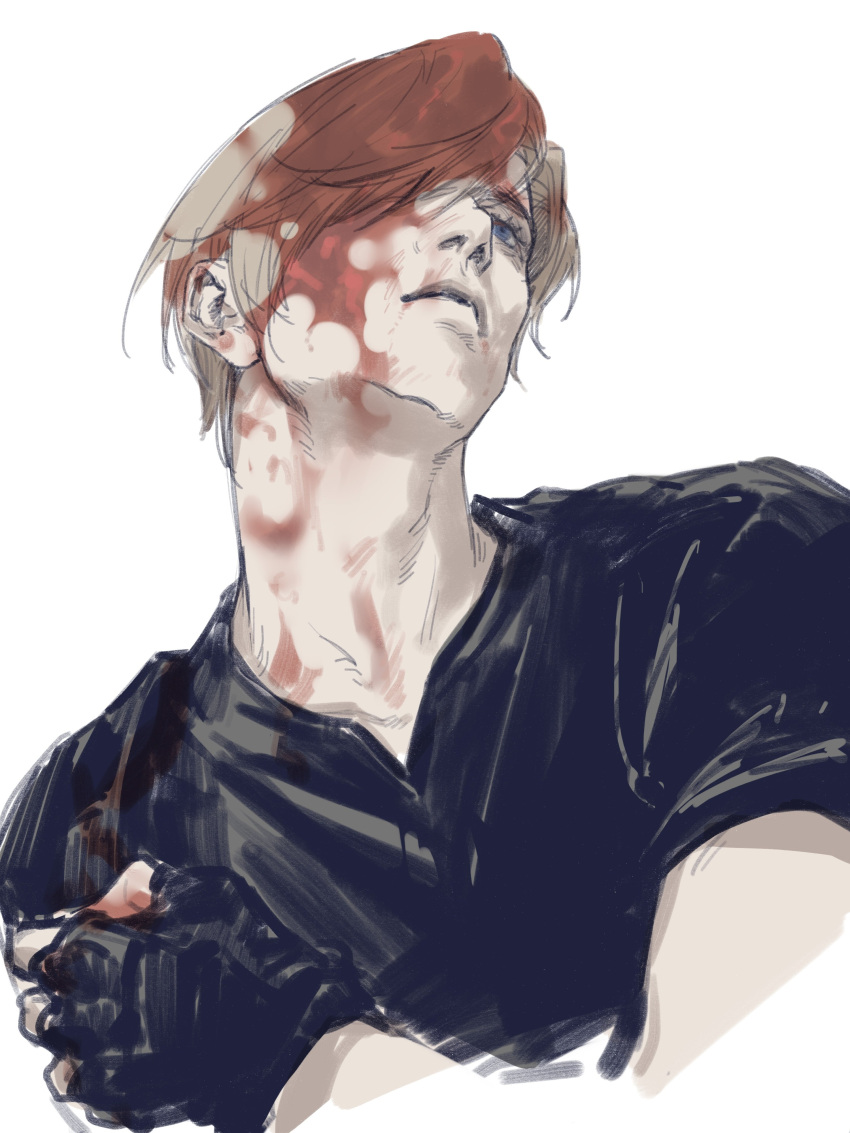 1boy absurdres black_gloves black_shirt blonde_hair blood blood_in_hair blood_on_face blue_eyes closed_mouth fingerless_gloves gloves hair_over_one_eye hand_on_own_shoulder highres jianghesongmu leon_s._kennedy looking_up male_focus parted_bangs resident_evil resident_evil_2 resident_evil_2_(remake) shirt short_hair short_sleeves sketch solo upper_body white_background