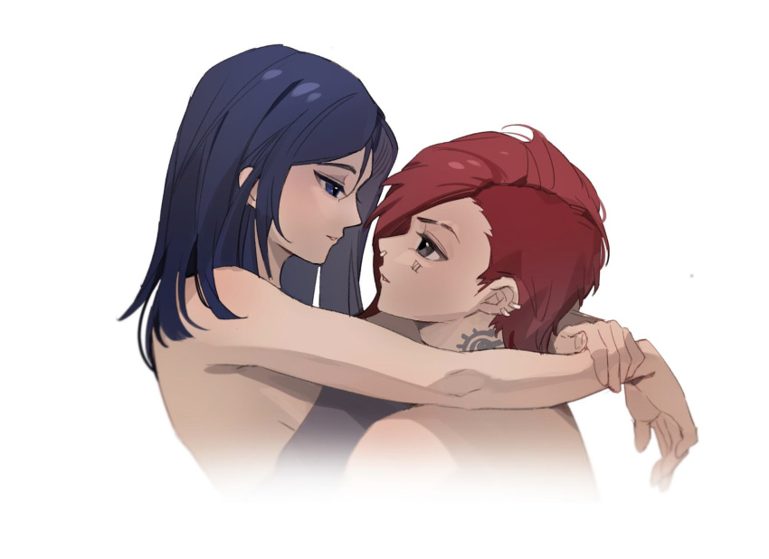 2girls arms_around_neck bare_arms blue_eyes blue_hair caitlyn_(league_of_legends) chinese_commentary commentary_request ear_piercing eye_contact grey_eyes highres league_of_legends long_hair looking_at_another miix777 multiple_girls neck_tattoo nose_piercing nude parted_lips piercing red_hair short_hair simple_background smile tattoo undercut upper_body vi_(league_of_legends) white_background yuri