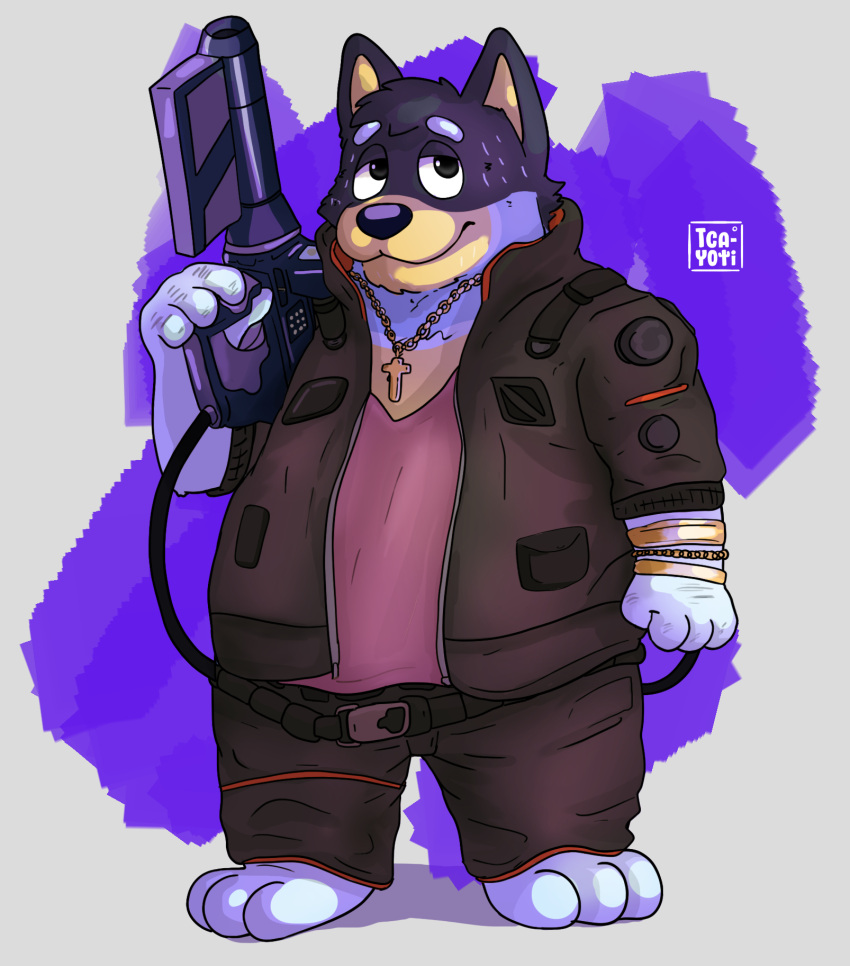 bandit_heeler belly bluey_(series) canid clothing cybernetics cyberpunk cyberpunk_2077 cyborg digital_drawing_(artwork) digital_media_(artwork) emmerick_bronson(cyberpunk_2077) fur hi_res machine male mammal shaded slightly_chubby solo t_cayoti