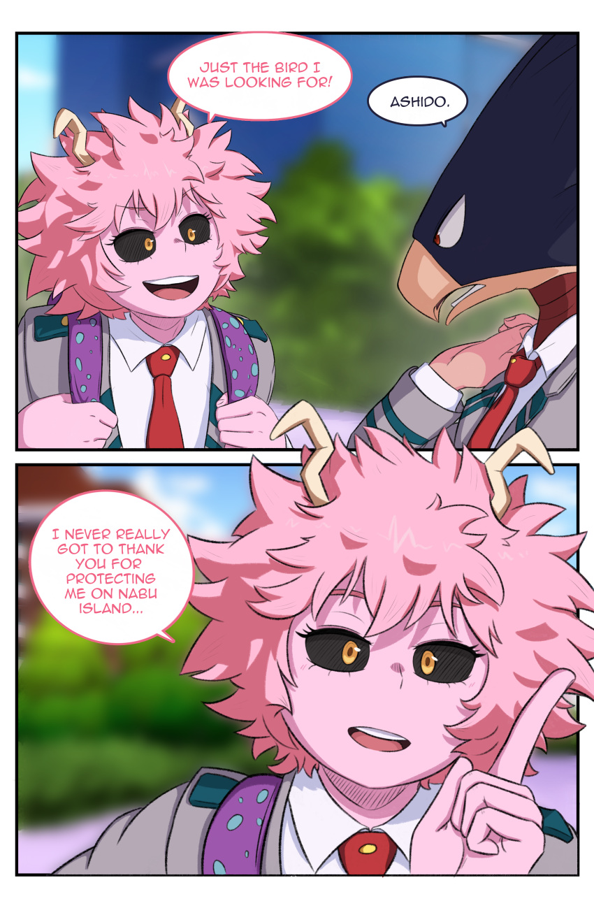 absurd_res animal_head animal_humanoid ashido_mina avian avian_humanoid backpack bird_humanoid clothing comic duo female for_a_head fumikage_tokoyami greatm8sfm hi_res horn horned_humanoid humanoid male male/female my_hero_academia necktie open_mouth school_uniform shirt teeth topwear uniform white_clothing white_shirt white_topwear