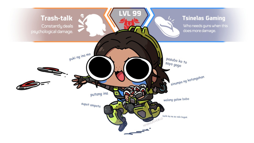 1girl apex_legends black_gloves blue_shirt brown_hair cartoonized chibi conduit_(apex_legends) english_commentary exoskeleton fingerless_gloves flip-flops floating_hair freckles gloves highres miyan_(oceanmaiden) sandals shirt short_hair smile solo tagalog_text throwing toon_(style) translation_request v-shaped_eyebrows white_background