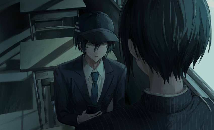 2boys baseball_cap black_hair black_hat black_jacket black_sleeves blue_necktie cellphone classroom coattails collared_jacket collared_shirt commentary_request danganronpa_(series) danganronpa_v3:_killing_harmony desk dual_persona eyelashes face-to-face from_behind hair_between_eyes hat highres holding holding_phone indoors iumi_urura jacket layered_sleeves long_sleeves looking_at_another male_focus multiple_boys necktie on_chair parted_lips phone pinstripe_jacket pinstripe_pattern saihara_shuichi school_desk school_uniform shadow shirt short_hair sitting smartphone upper_body white_shirt window yellow_eyes