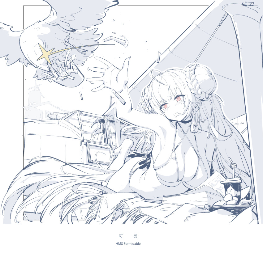 1girl absurdres ahoge arm_up armpits azur_lane bikini bird braid breasts character_name cup double_bun drinking_straw food formidable_(azur_lane) formidable_(the_lady_of_the_beach)_(azur_lane) french_fries hair_bun halterneck highres large_breasts lying monochrome navel official_alternate_costume on_stomach red_eyes seagull shizuoxing_kof stomach swimsuit tearing_up wavy_mouth