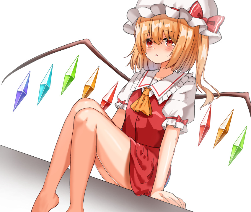 1girl ascot barefoot blonde_hair blush breasts collared_shirt crystal feet_out_of_frame flandre_scarlet frilled_shirt_collar frilled_sleeves frills hair_between_eyes hat hat_ribbon highres kiui_(dagk8254) medium_hair miniskirt mob_cap multicolored_wings one_side_up open_mouth pleated_skirt puffy_short_sleeves puffy_sleeves red_eyes red_ribbon red_skirt red_vest ribbon ribbon-trimmed_headwear ribbon_trim shirt short_sleeves skirt skirt_set sleeve_ribbon small_breasts solo thighs touhou vest white_background white_hat white_shirt wings yellow_ascot