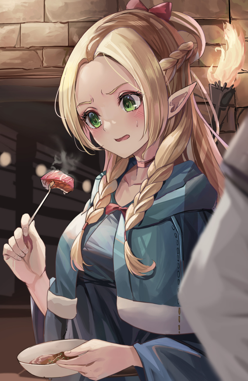 1girl black_choker blonde_hair blue_capelet blue_dress blurry blush bow bowl braid capelet choker commentary depth_of_field dress dungeon dungeon_meshi eating elf eyelashes food forehead french_braid frown green_eyes hair_bow hand_up highres holding_utensil indoors long_hair looking_at_food marcille_donato meat open_mouth parted_bangs pointy_ears red_bow solo steam straight_hair suidou_chaahan sweatdrop torch twin_braids upper_body