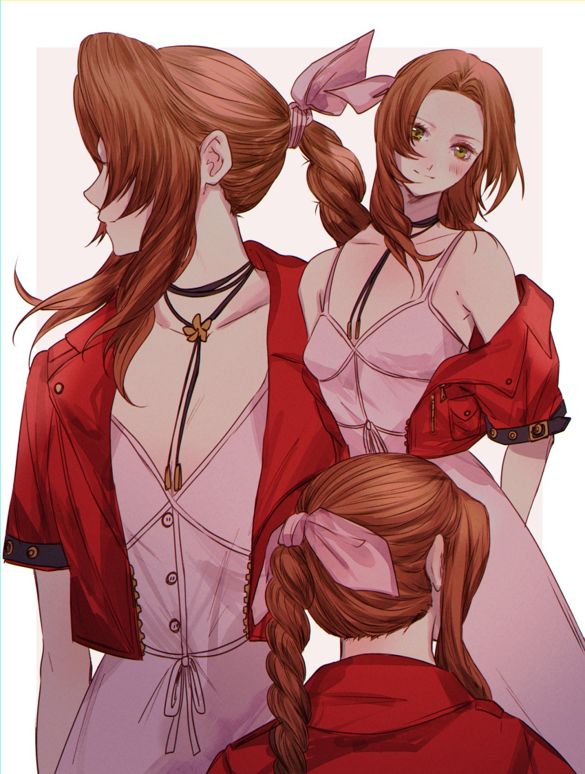 1girl aerith_gainsborough arms_behind_back bare_shoulders blush border braid braided_ponytail breasts brown_hair buttons choker closed_mouth cropped_jacket dress facing_away facing_to_the_side facing_viewer final_fantasy final_fantasy_vii final_fantasy_vii_rebirth final_fantasy_vii_remake flower_choker green_eyes hair_ribbon highres jacket jacket_partially_removed long_dress long_hair looking_at_viewer medium_breasts multiple_views parted_bangs pink_dress pink_ribbon profile red_jacket ribbon sera_(serappi) short_sleeves sidelocks single_braid sleeveless sleeveless_dress smile solo spaghetti_strap sundress upper_body wavy_hair white_border