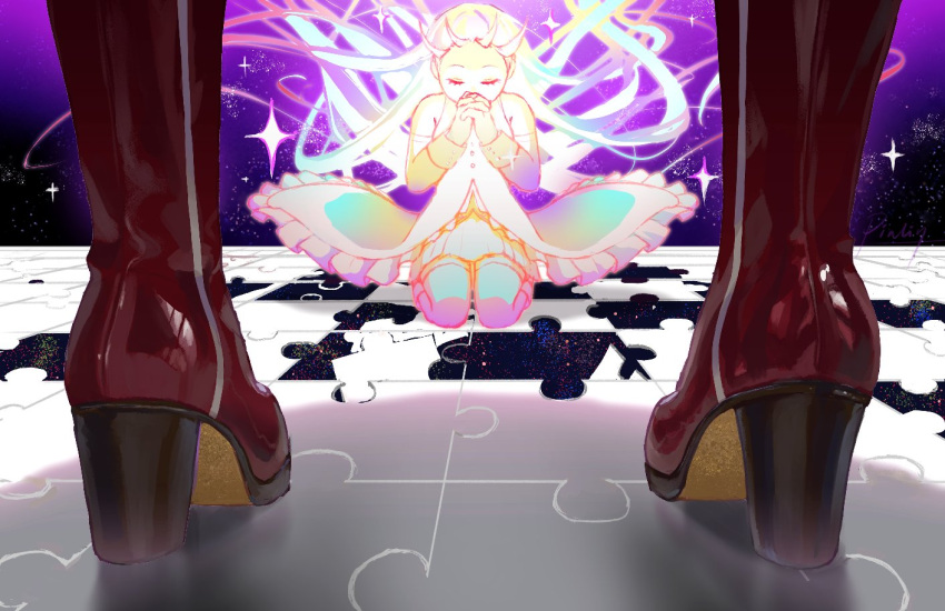 2girls boots closed_eyes floating_hair from_behind full_body high-low_skirt high_heel_boots high_heels kneeling long_hair lower_body magical_girl mahou_shoujo_madoka_magica mahou_shoujo_madoka_magica_(anime) multiple_girls on_floor out_of_frame own_hands_together pinlin puzzle puzzle_piece red_footwear sakura_kyoko space standing star_(sky) surreal thighhighs