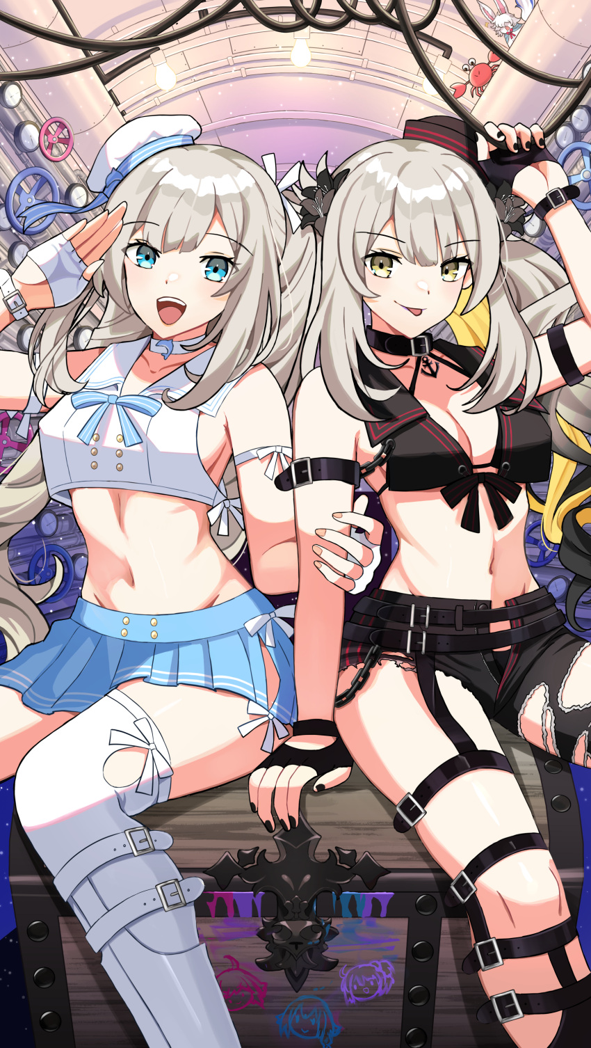 2girls absurdres bare_shoulders blue_eyes blush breasts cleavage fate/grand_order fate_(series) grey_hair highres long_hair looking_at_viewer marie_antoinette_(alter)_(fate) marie_antoinette_(fate) medium_breasts multiple_girls smile thighs twintails umirunie very_long_hair yellow_eyes