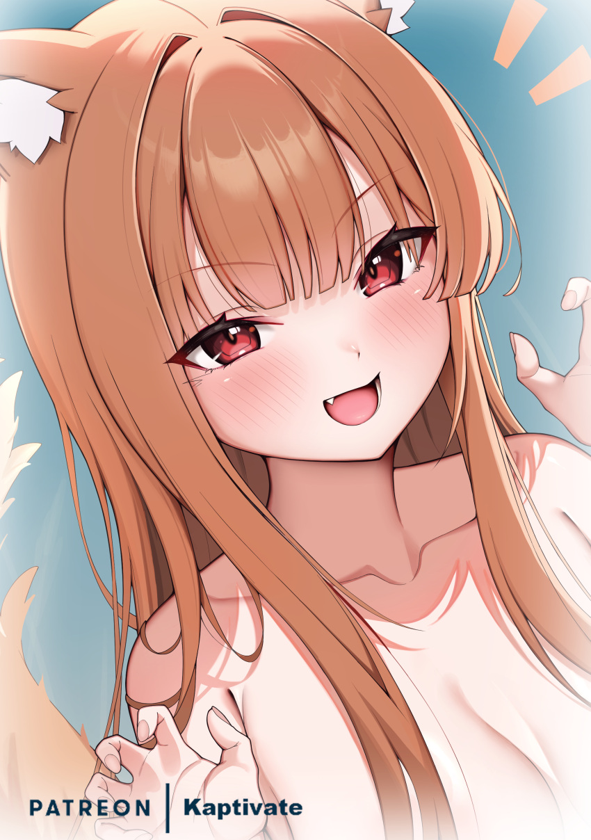 1girl :d absurdres animal_ear_fluff animal_ears artist_name bare_shoulders blue_background blunt_bangs blush breasts brown_hair claw_pose cleavage close-up collarbone commentary english_commentary eyelashes eyes_visible_through_hair fang fingernails hair_intakes hair_over_shoulder highres holo kaptivate large_breasts long_hair looking_at_viewer notice_lines open_mouth red_eyes sidelocks simple_background smile smug solo spice_and_wolf straight_hair teeth tsurime v-shaped_eyebrows wolf_ears wolf_girl