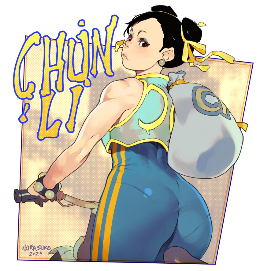 1girl absurdres ass bag bicycle black_hair blue_bodysuit bodysuit character_name chun-li deltoids double_bun duffel_bag earrings english_commentary hair_bun highres holding holding_bag jewelry looking_back norasuko pantylines short_hair solo sphere_earrings street_fighter street_fighter_zero_(series) striped_clothes studded_bracelet toned vertical-striped_clothes vest white_vest wide_hips