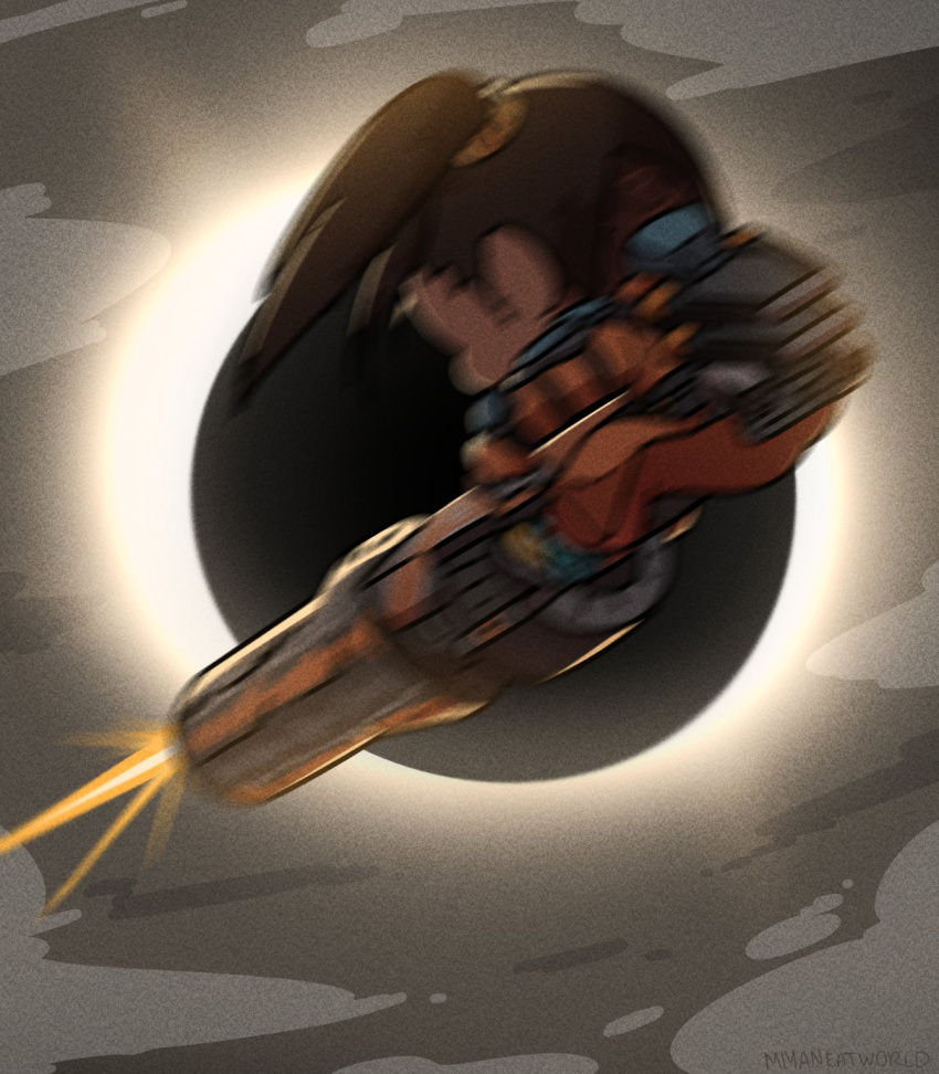 1girl apex_legends april_fools backpack bag brown_hair chibi cloud dark-skinned_female dark_skin eclipse firing flying hair_behind_ear highres jumpsuit miyan_(oceanmaiden) motion_blur orange_jumpsuit rampart_(apex_legends) sheila_(minigun) side_ponytail sky solo