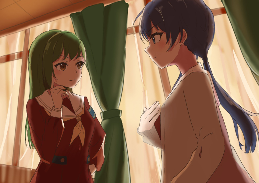 2girls armband backlighting blue_armband blue_eyes blue_hair brown_cardigan brown_dress brown_eyes cardigan closed_mouth commentary_request curtains dark_blue_hair dress frown green_hair hair_ornament hairclip hand_on_own_chest hand_on_own_hip hasu_no_sora_school_uniform highres in-universe_location index_finger_raised link!_like!_love_live! long_hair long_sleeves looking_at_another love_live! low_twintails misoshiru._(hss_llnl) mole mole_on_neck multiple_girls murano_sayaka neckerchief oogami_sachi open_cardigan open_clothes pleated_dress sailor_collar sailor_dress scene_reference school_uniform smile split_mouth straight_hair swept_bangs twintails virtual_youtuber white_sailor_collar window winter_uniform yellow_neckerchief