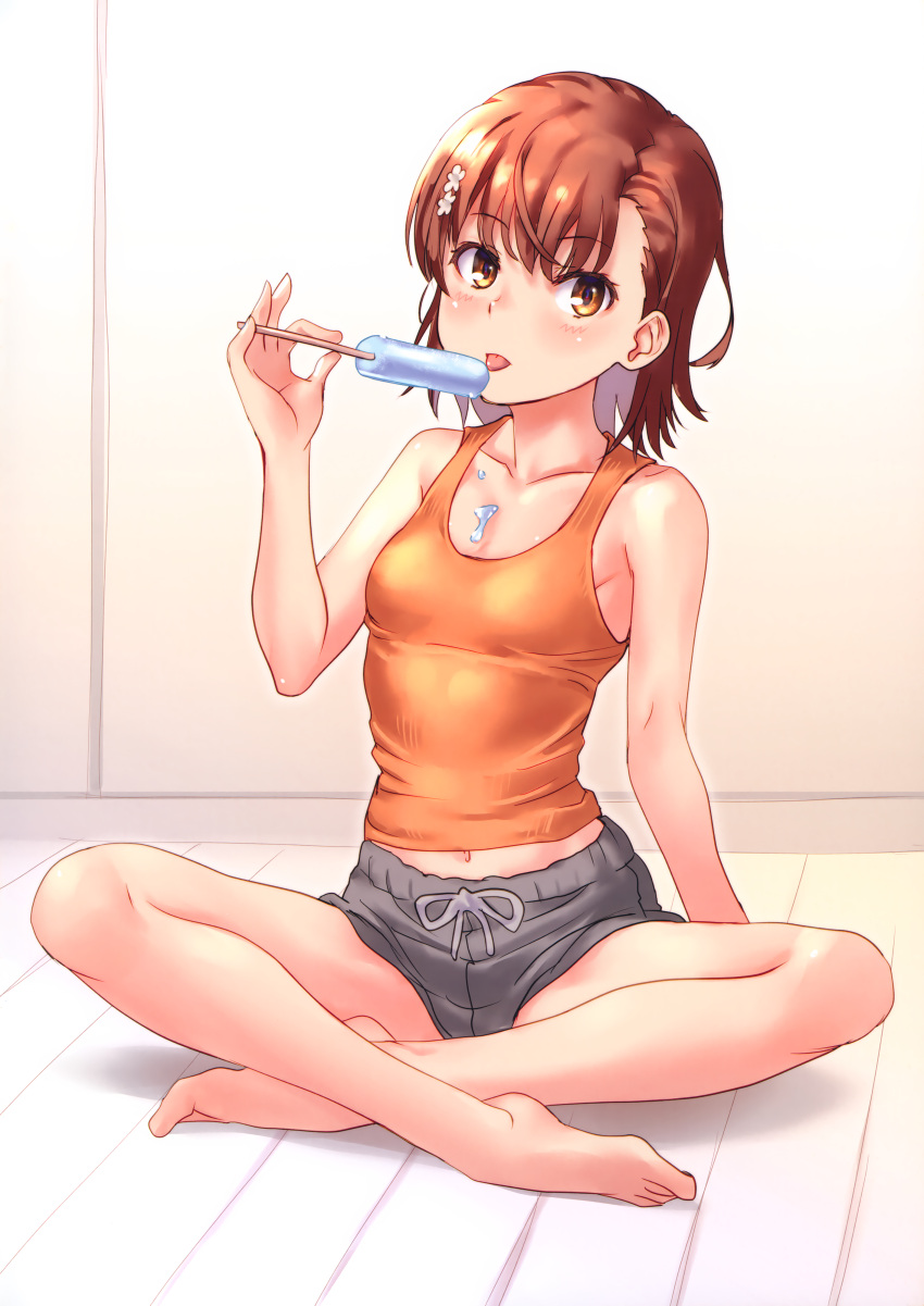 1girl absurdres alternate_costume bare_arms bare_legs bare_shoulders barefoot blush breasts brown_eyes brown_hair collarbone crease feet flower food food_on_body full_body grey_shorts hair_flower hair_ornament highres holding holding_food indian_style indoors licking looking_at_viewer medium_hair midriff_peek misaka_mikoto navel non-web_source popsicle raika9 scan short_shorts shorts sitting small_breasts solo tank_top toaru_kagaku_no_railgun toaru_majutsu_no_index toes tongue tongue_out